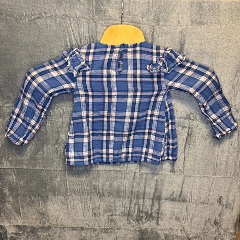 1942 | Baby Gap Plaid Ruffle Gauze Metallic Long Sleeve Blouse Blue 5T